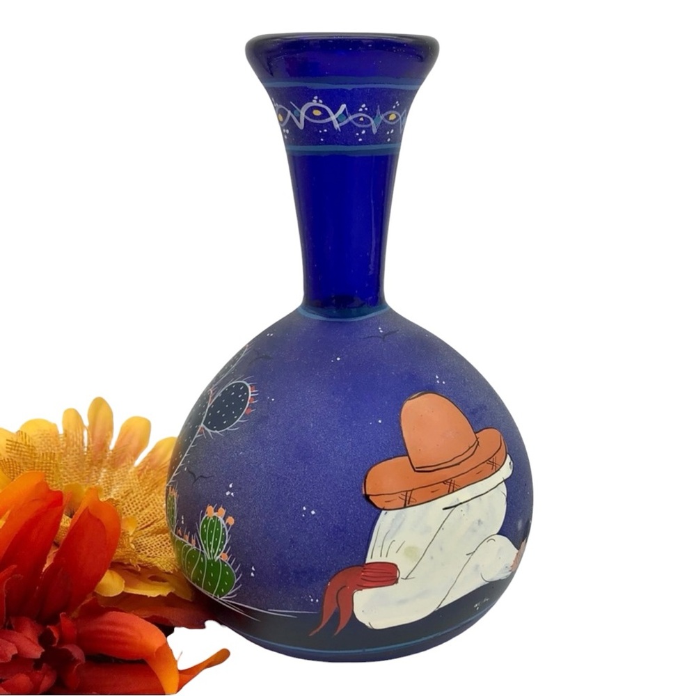 Cobalt Glass Vase Starry Night Siesta Hand Blown Blue Hand Painted Mexico Y2K